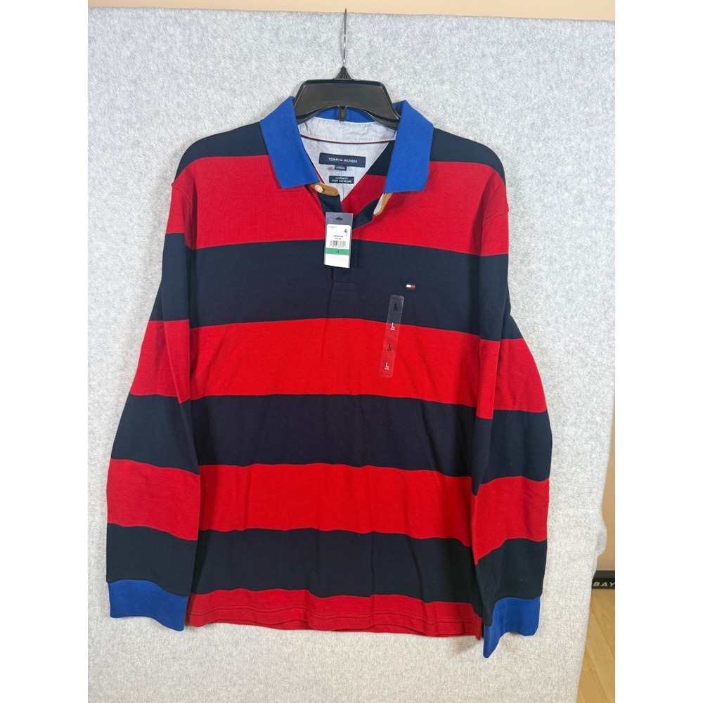 Tommy Hilfiger Mens Long Sleeve Polo Shirt Red Navy Blue Striped Custom Fit L
